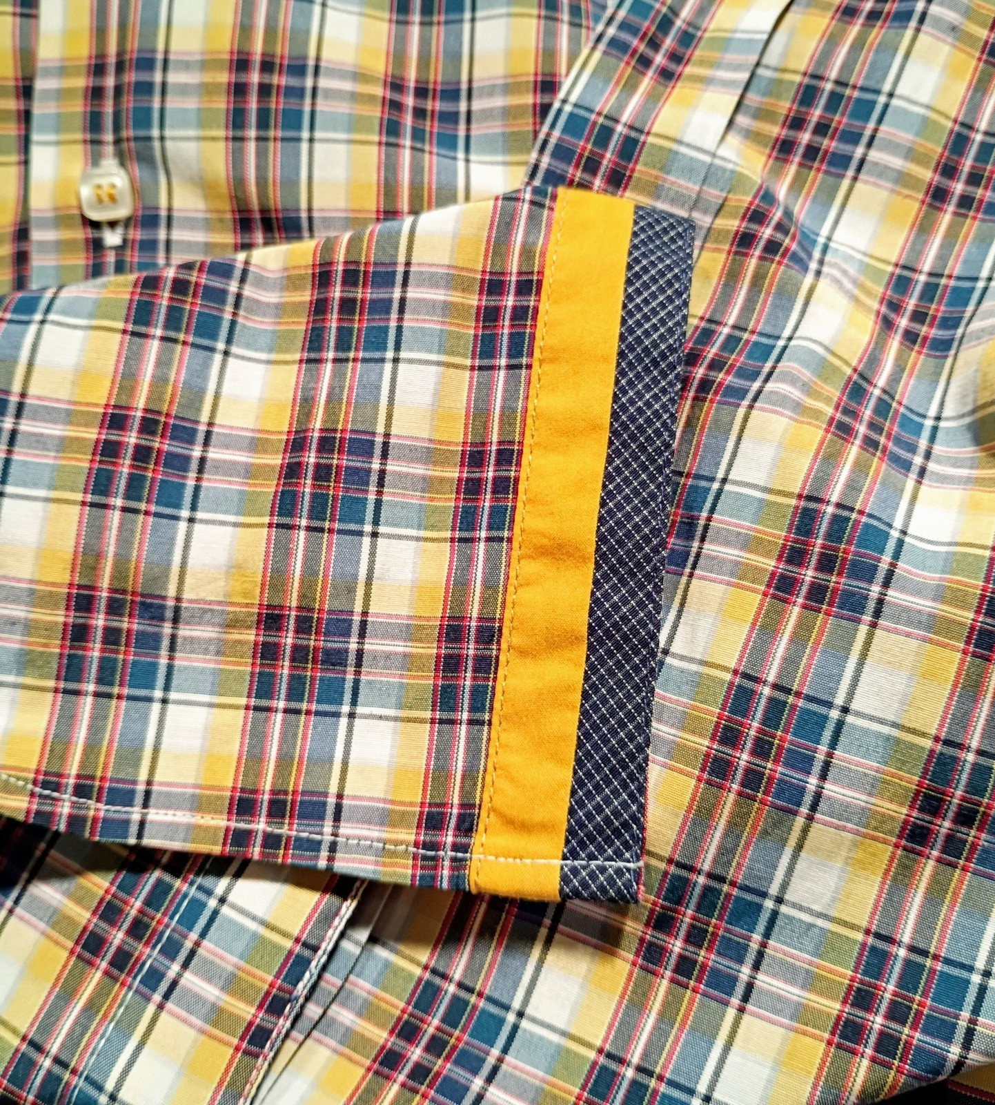 Enzo Made in Italy Button Up Mustard Teal Plaid Shirt Size M/L Convertible Cuff