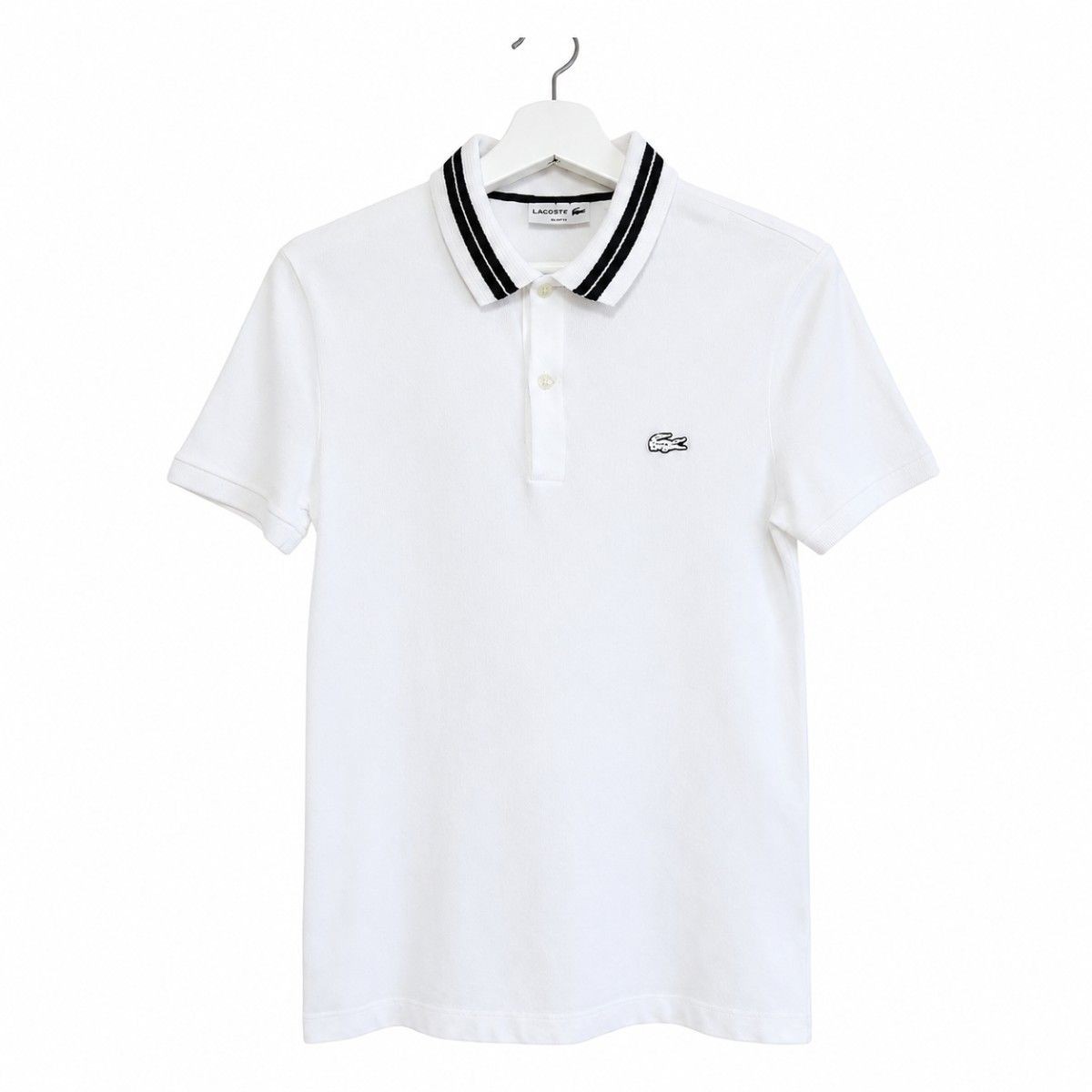 LACOSTE Lacoste Slim Fit Polo Shirt White Stretch Mini Pique Equivalent to Size