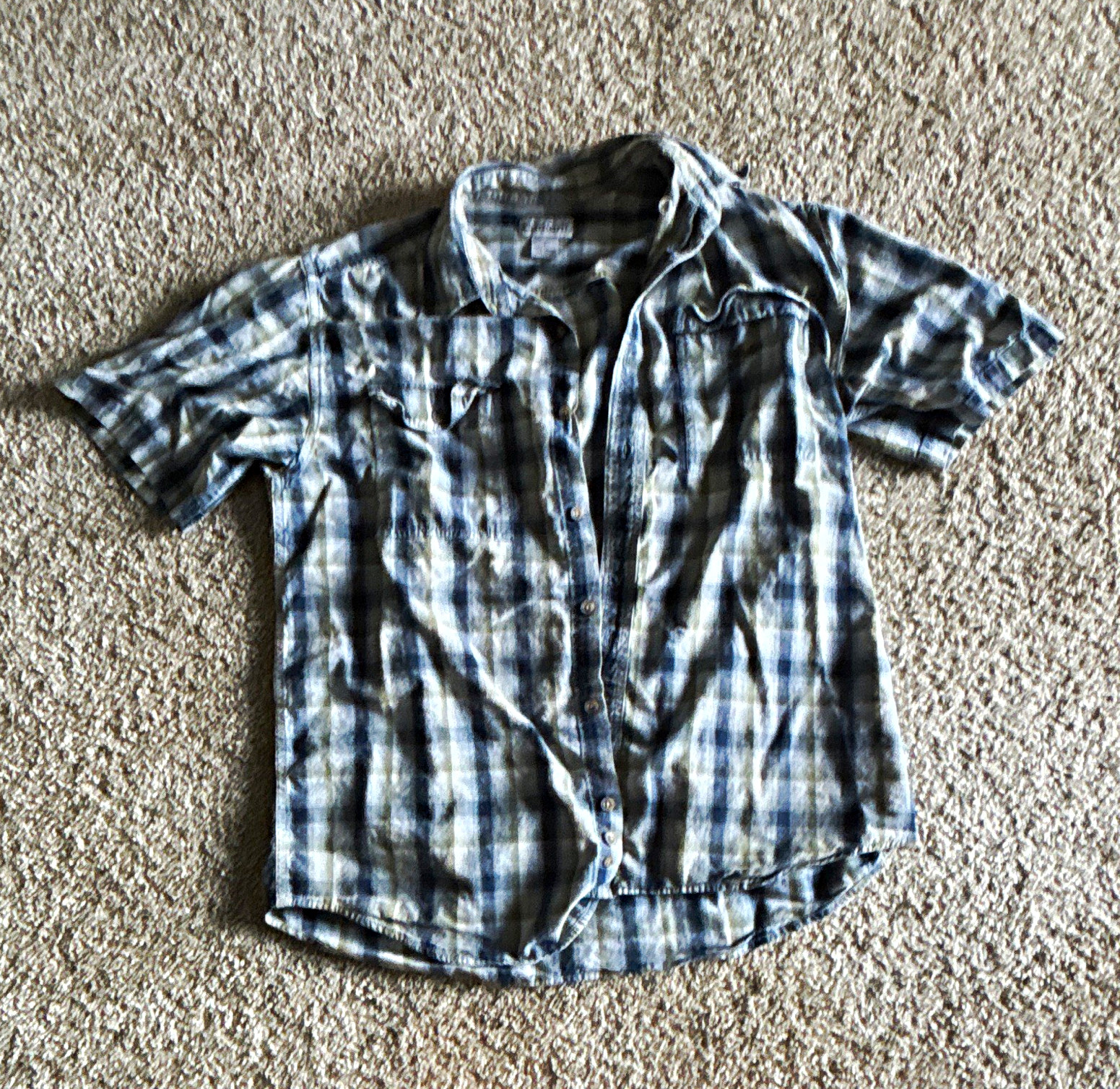 Carhartt Men’s L Blue/Green/White Plaid Cotton Short Sleeve Button-Up Pockets