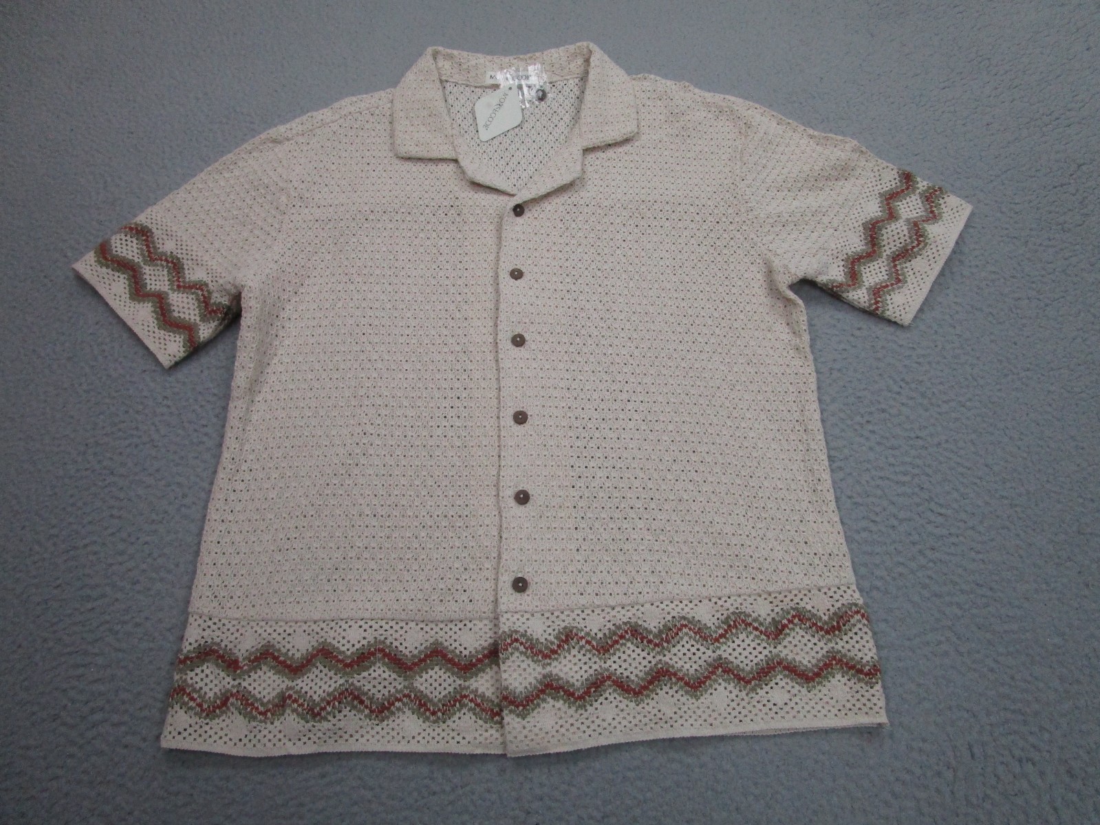 Morsecode Shirt Mens M Beige Crochet Knit Button up rockabilly indie beach boho