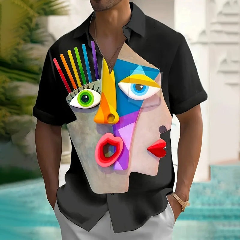 Mens 3D Artistic Pattern Print Short Sleeve Lapel Shirt