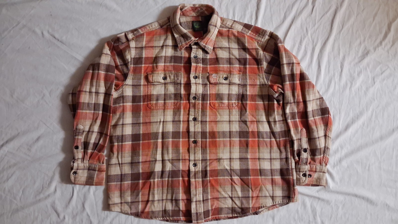 Timberland Men’s XL/XG Brown Beige Orange Cotton Flannel Plaid Button-Up Pockets