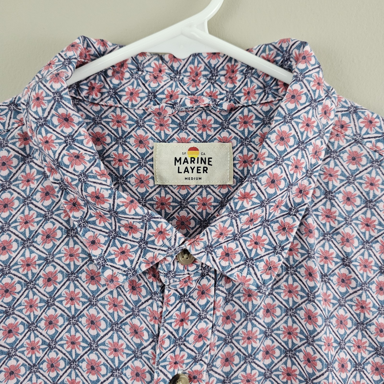 Marine Layer Floral-Like Print Tencel & Linen Shirt Men’s Red Blue Resort Medium