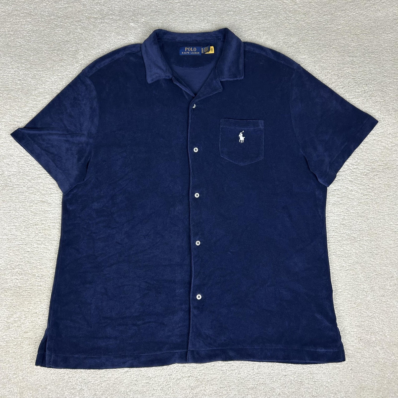 Polo Ralph Lauren Shirt Mens XL Navy Terry Cloth Knit Button Up Pocket Pony Logo