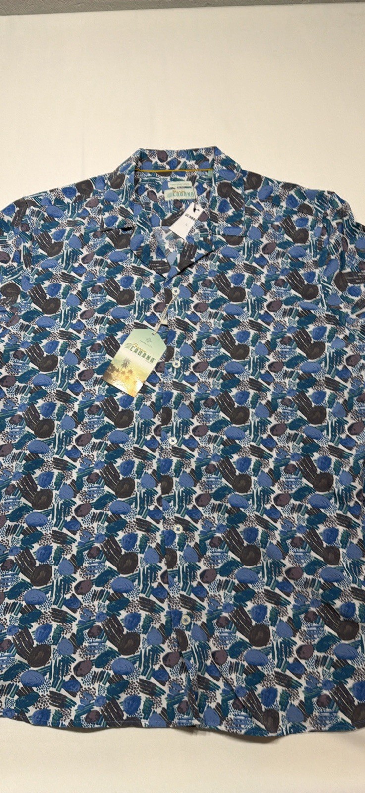 SKU 270 Paraiso Cabana Men’s L Blue Button-Up Short Sleeve Shirt Polyester Flex