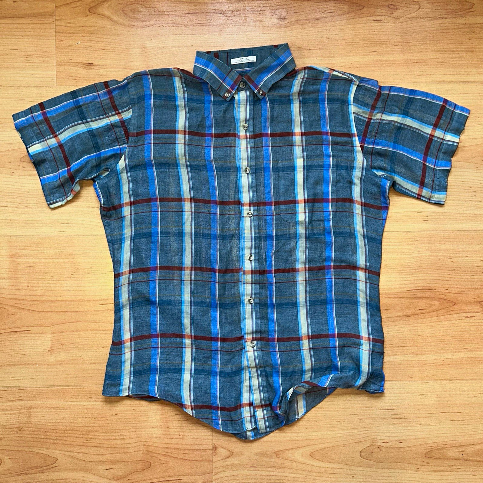 VTG Arrow Brigade Men’s L Regular Fitted Blue Plaid Cotton Poly Woven Button-Up