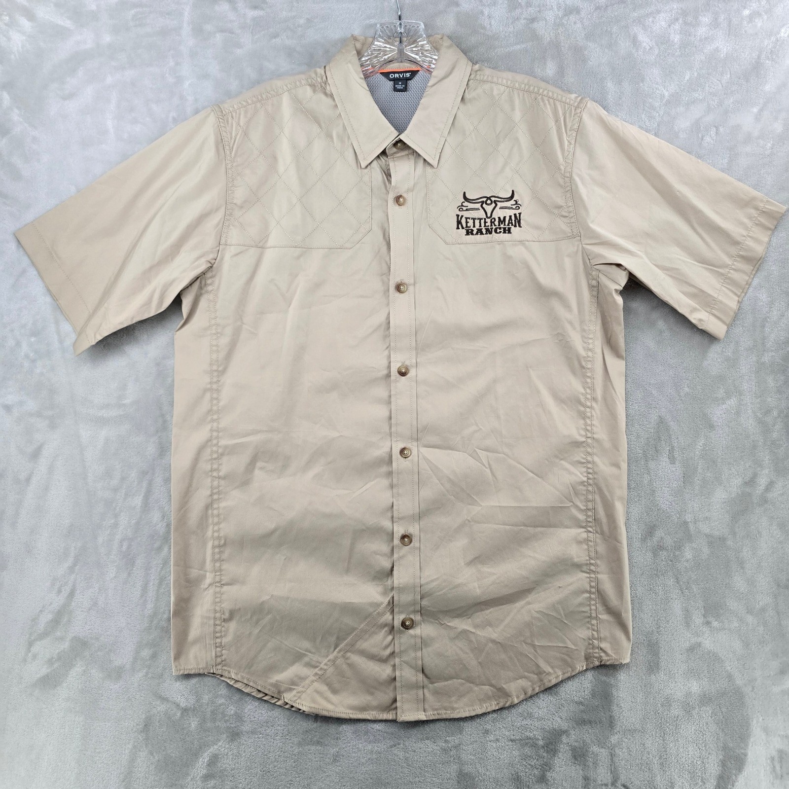 Orvis Button Down Shirt Mens Medium Tan Ketterman Ranch Quilted Short Sleeve