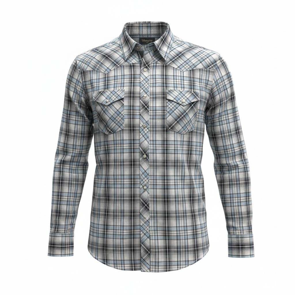 Wrangler Western Shirt Mens 2XL Blue Plaid Metallic Snap Front Long Sleeve