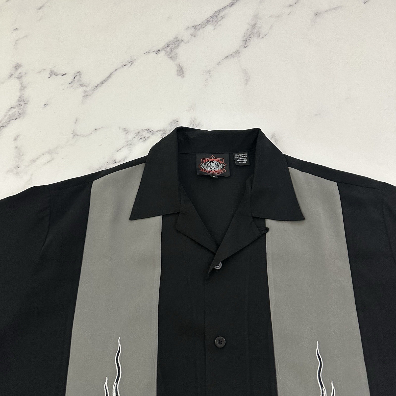 Dragonfly Roadhouse Mens Button Up Shirt Size L Black Gray Embroidered Flames