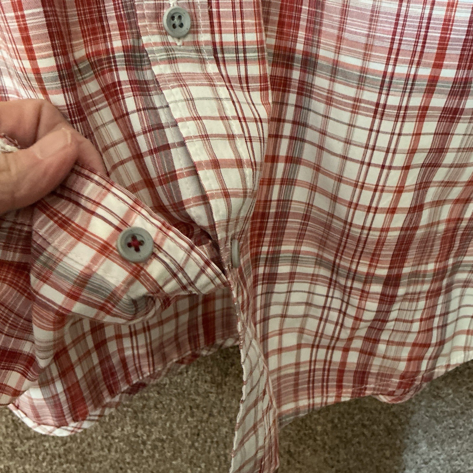 Marmot Men’s Plaid Short Sleeve Button Shirt Sz L Red White Gray Organic Cotton