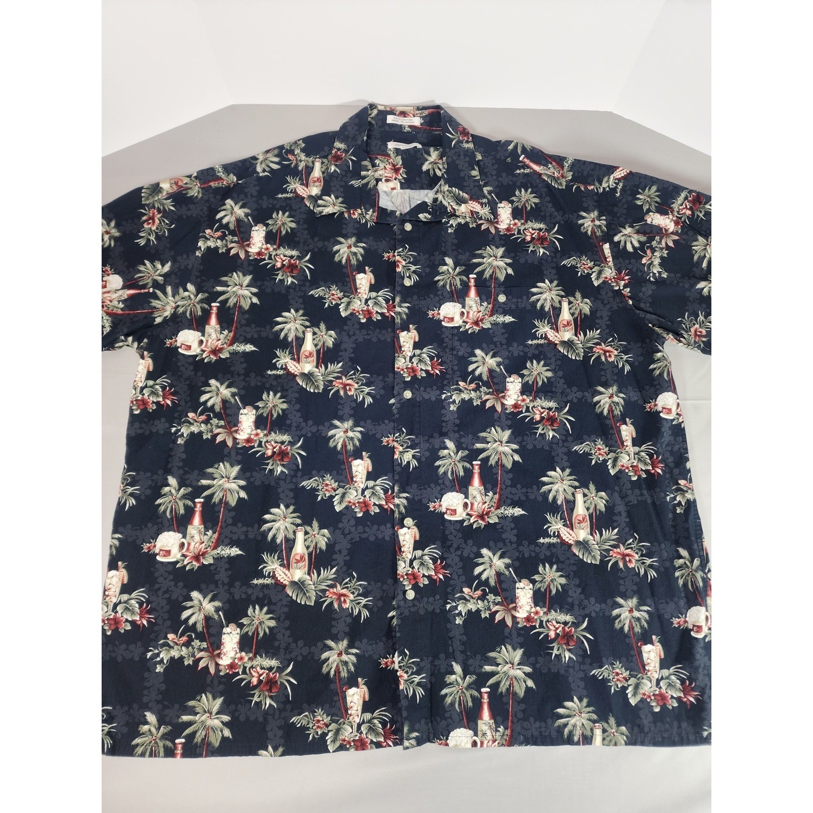 Pierre Cardin Mens 3XLT Navy Tropical Beer Cocktail Print Cotton Hawaiian Shirt