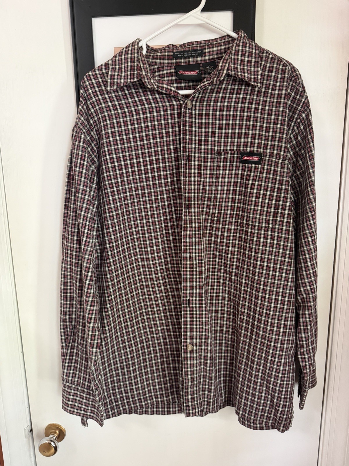 Dickies Men’s Long Sleeve Large Button Down Red Flannel Cotton Polyester Shirt