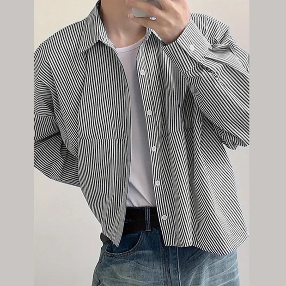 Men Stripe Lapel Long Sleeve Shirt Korean Streetwear Loose Fit Regular