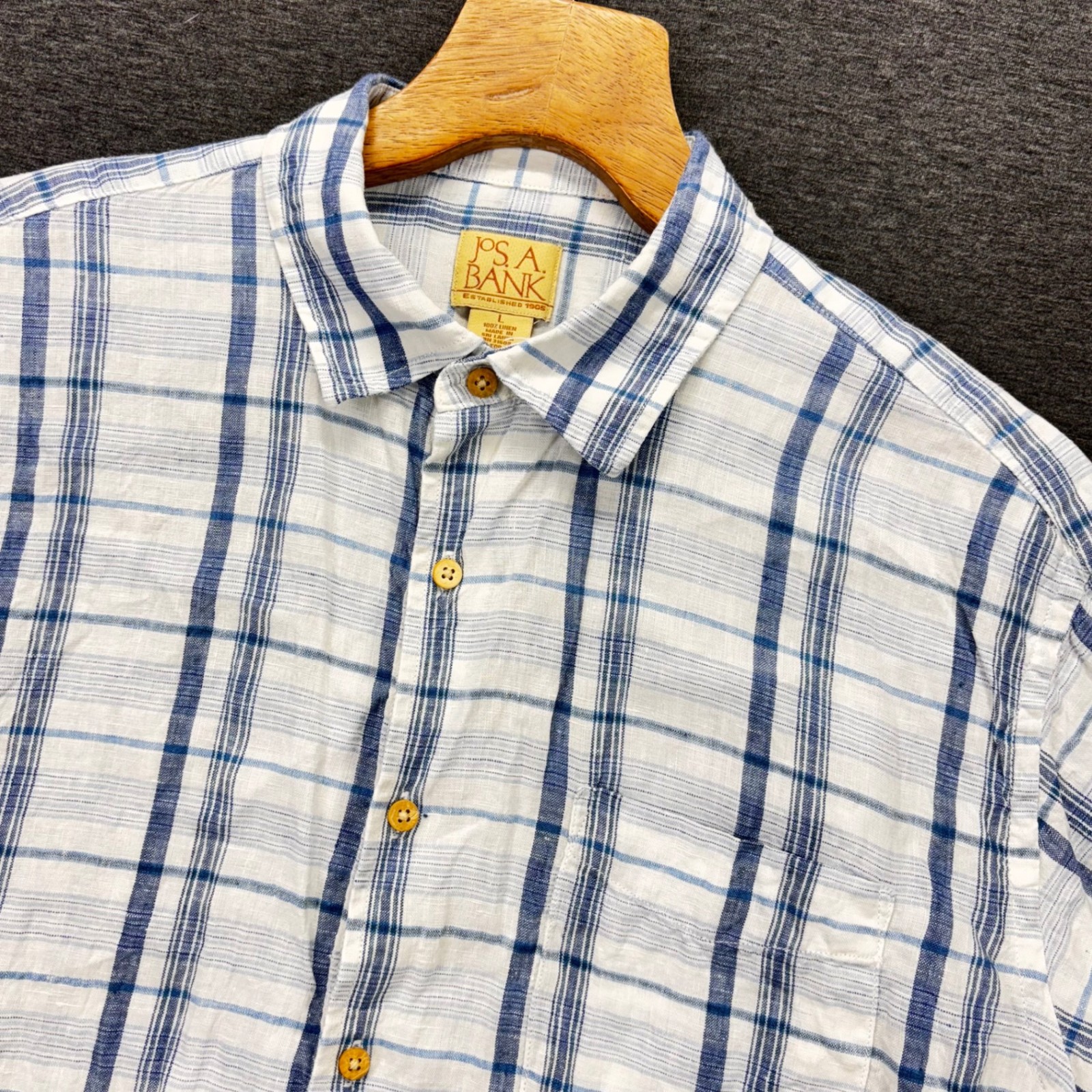 Jos A Bank Shirt Mens L Blue White Plaid Short Sleeve 100% Linen Button Front