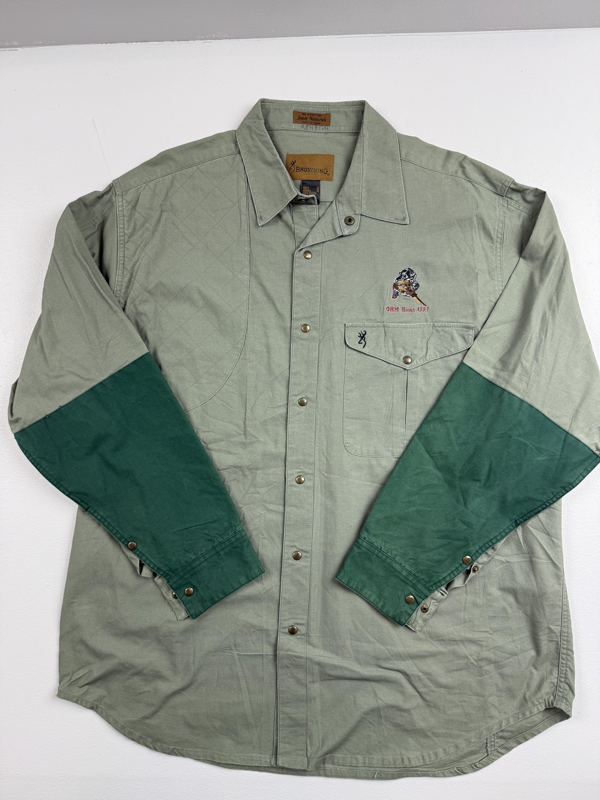 Vintage Browning Shirt Mens XL Green Quilted Hunting Snap Button Padded 90s