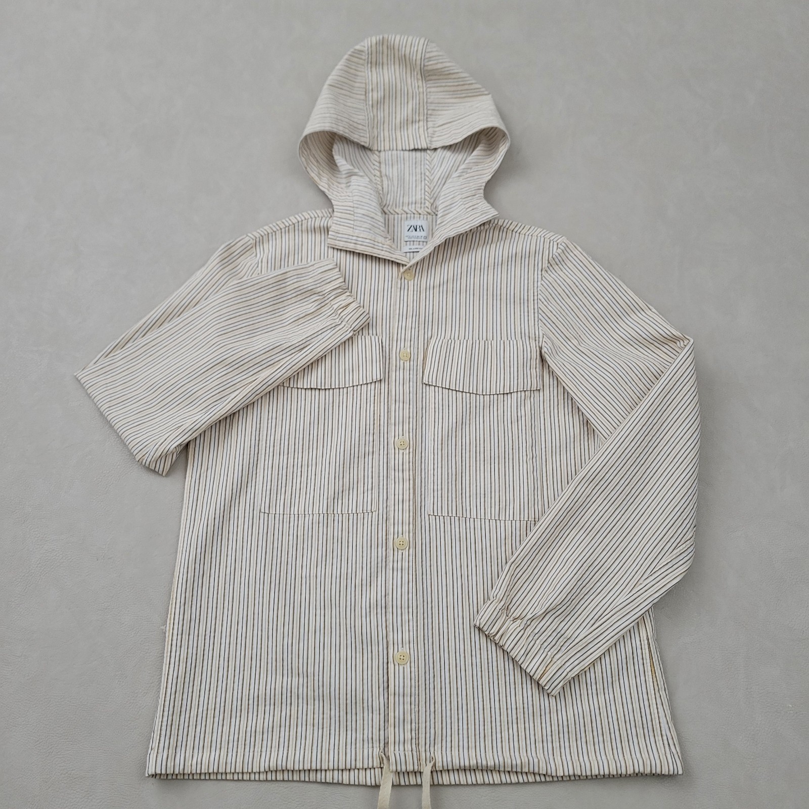 Zara Mens Hooded Button Down Shirt Textured Stripe Drawstring Waist Cotton Small