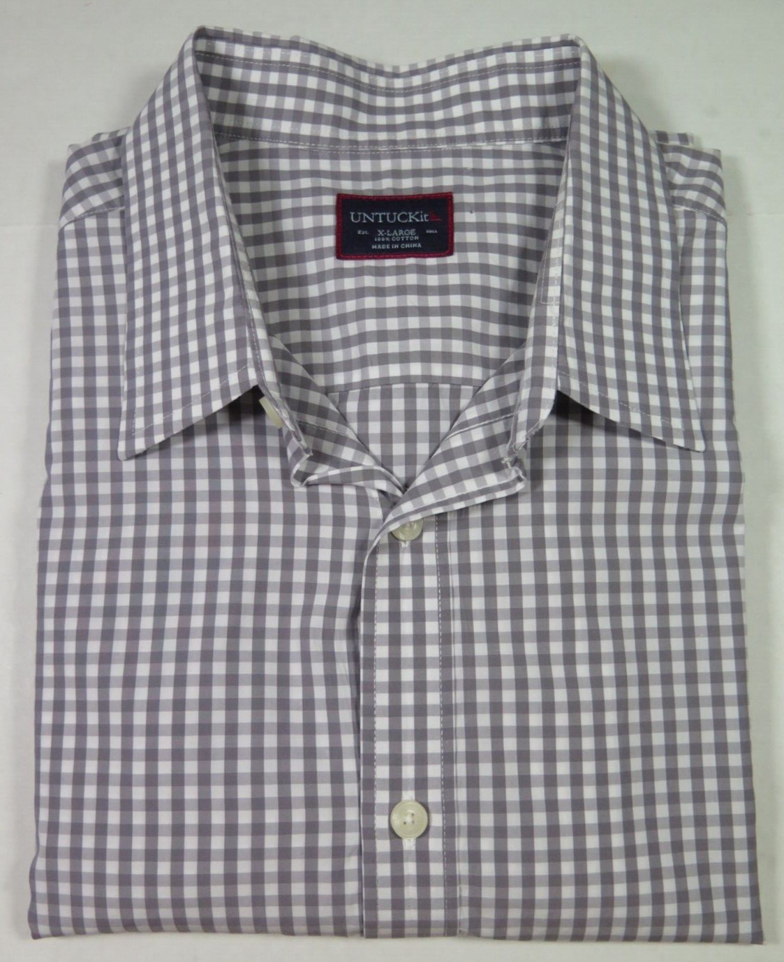 Untuckit Dunn Mens Pure Cotton Gray White Gingham Checks Casual Shirt XL EUC