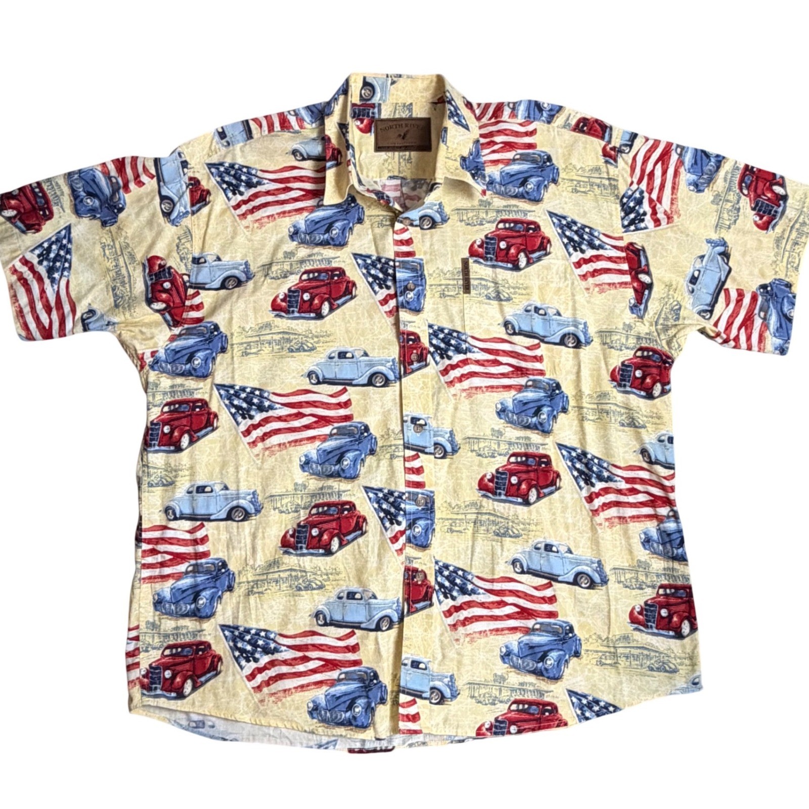 North River Mens XL Americana Vintage Car Flag Print Cotton Button Up Shirt