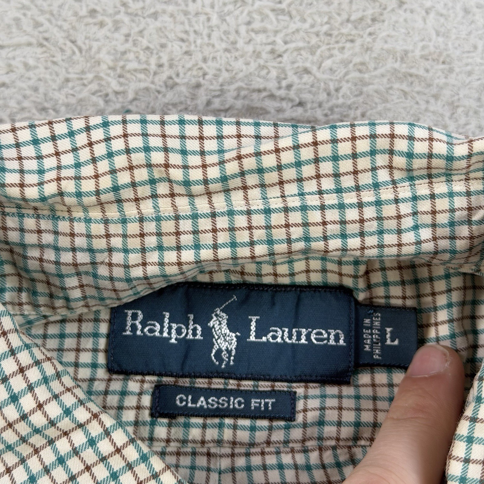 Polo Ralph Lauren Shirt Mens Large Beige Teal Check Long Sleeve Button Down Pony