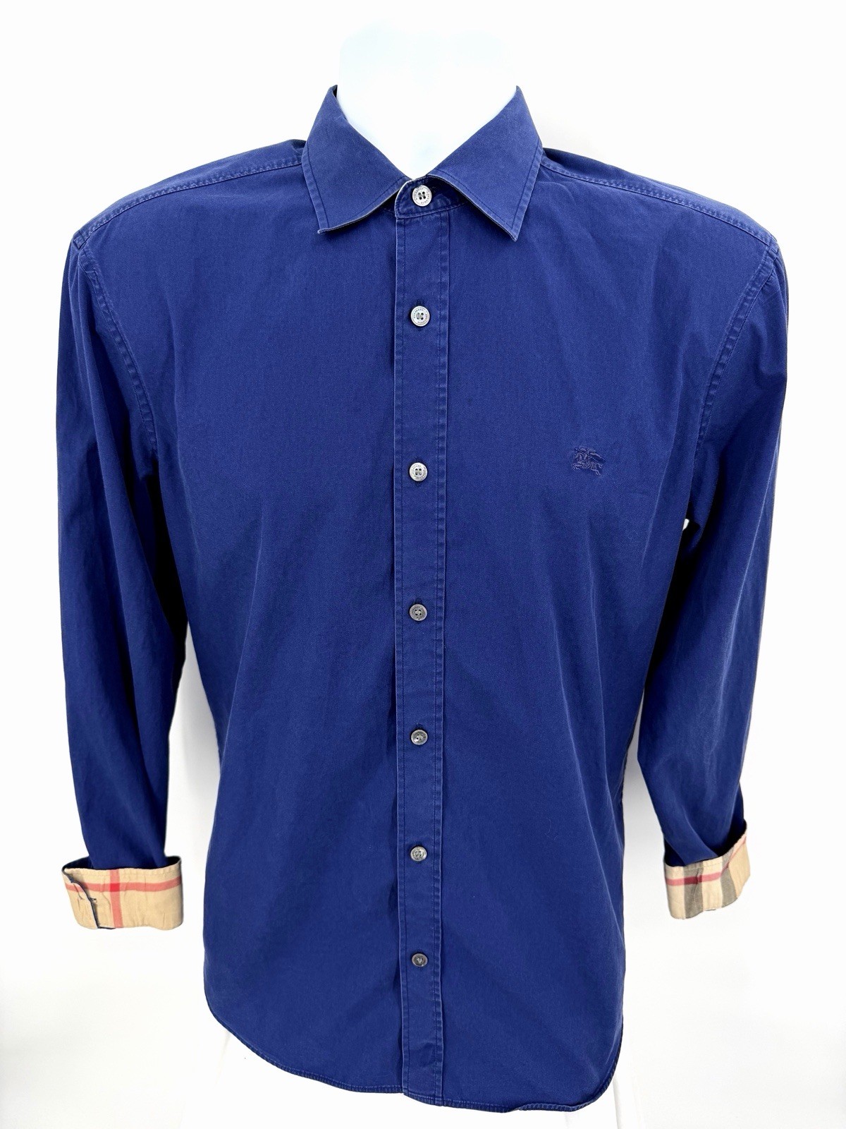 Burberry Brit Men’s Large Button Down Shirt Stretch Solid Blue Flipcuff Logo L
