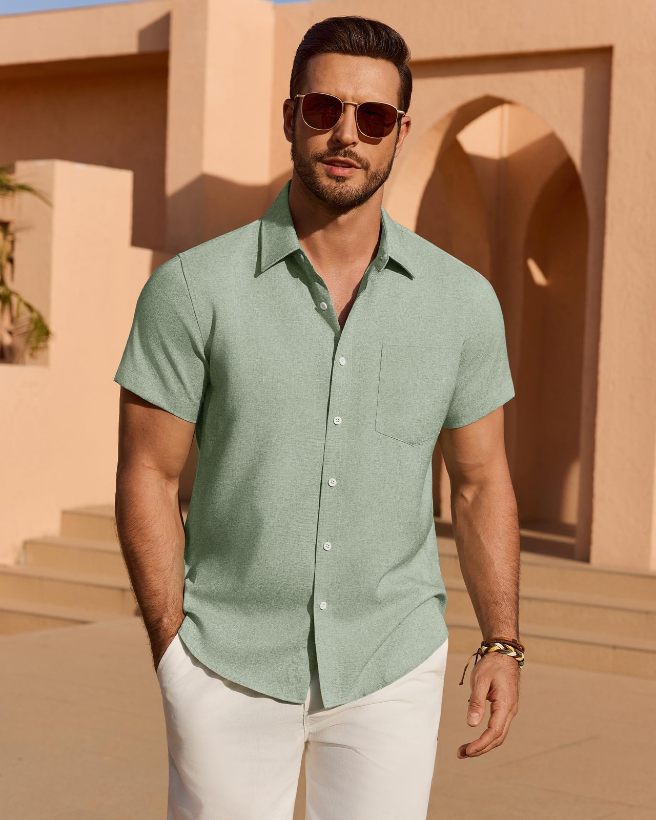 Mens Linen Shirt Short Sleeve Wrinkle Free Button Down Casual Untucked Beach
