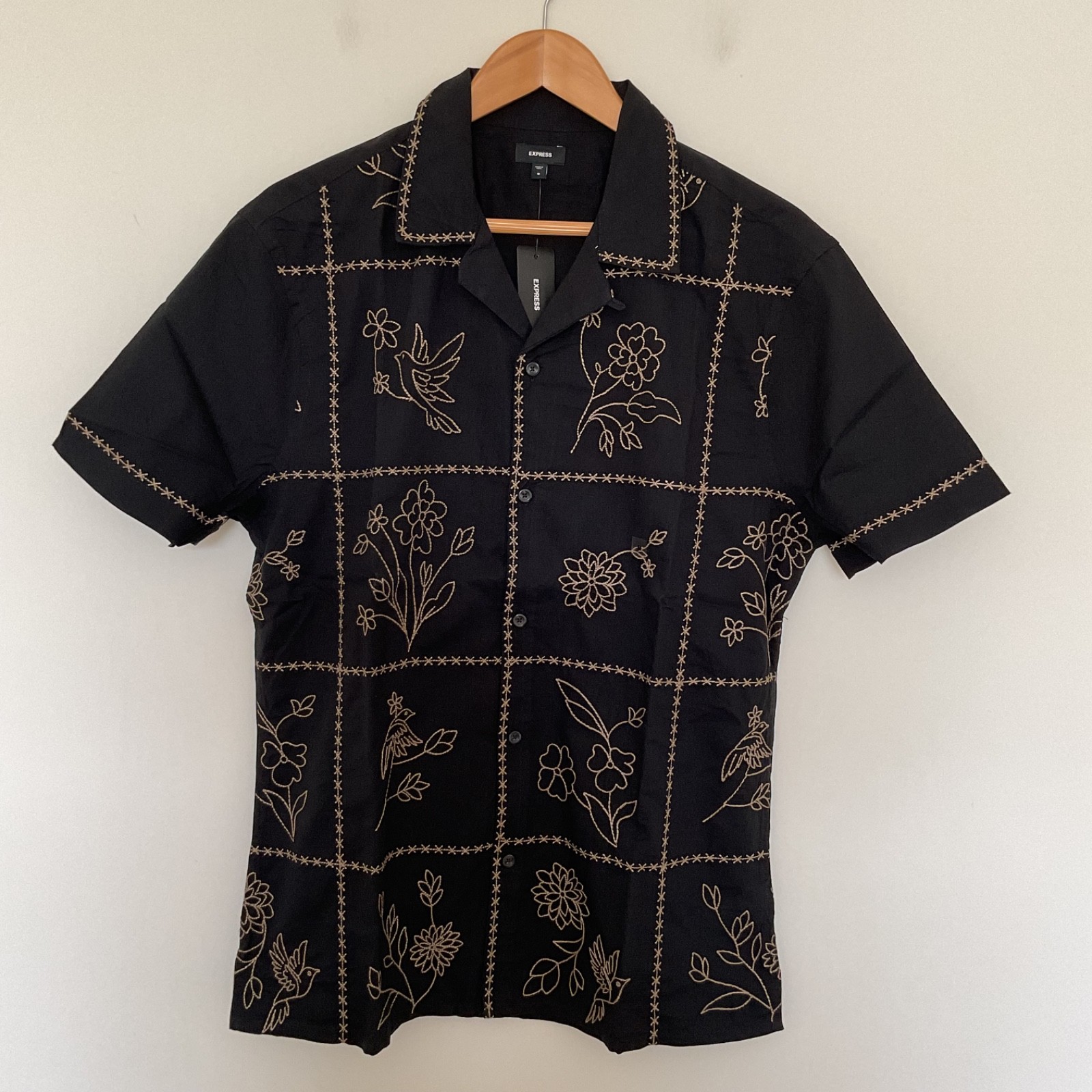 Express Embroidered Tile Bird Floral Cotton Short Sleeve Camp Shirt Mens M Black