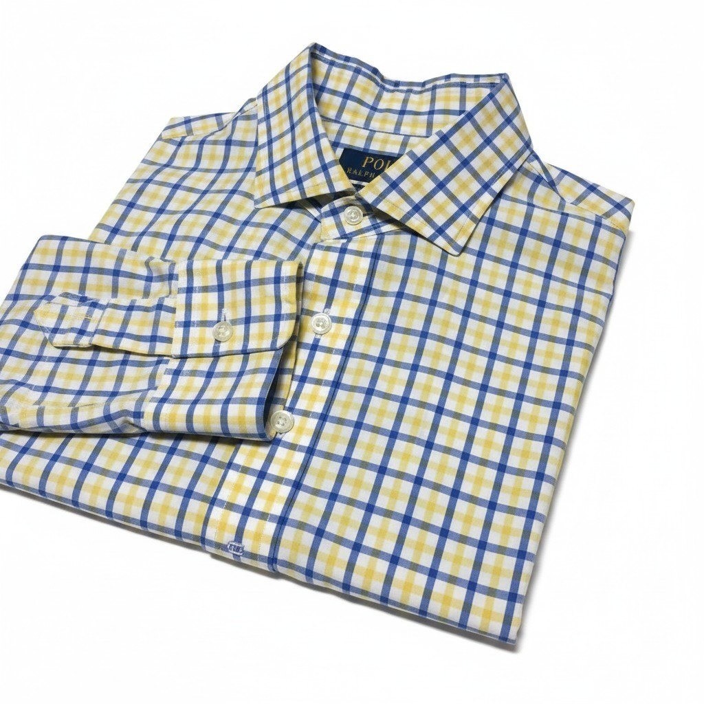 Polo Ralph Lauren Button Down Shirt XL Yellow Blue Check Classic Fit Long Sleeve
