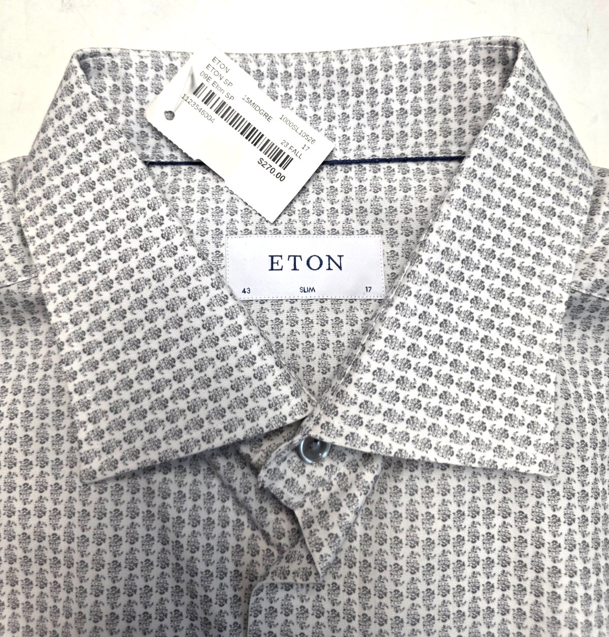 $270 New ETON Slim Button Sport Shirt Men’s 17 EU 43 XL Gray GEOMETRIC Abstract