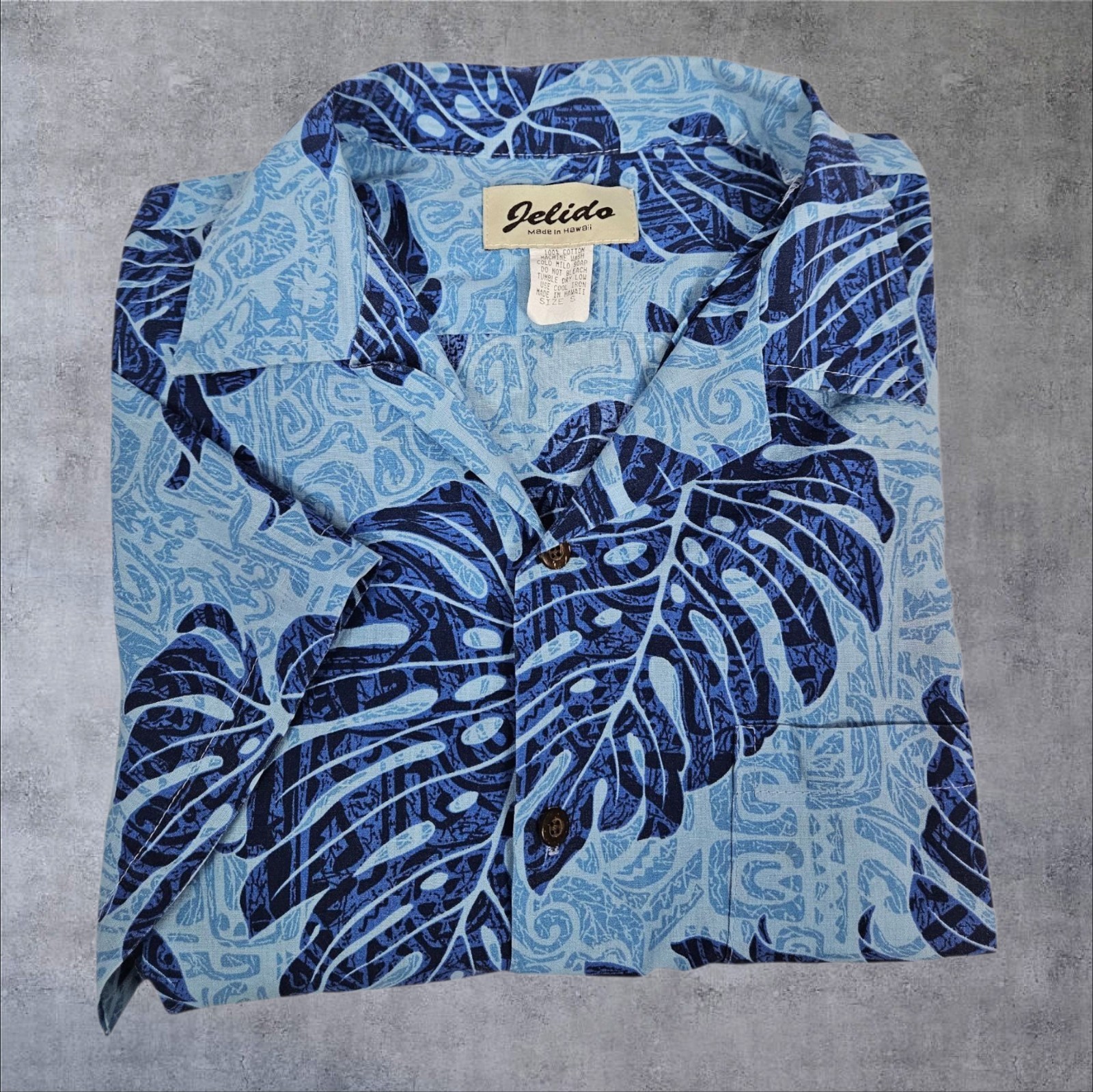 Vintage 70s Jelido Blue Palm Leaf Hawaiian Shirt Resortwear Size Small Men’s J54