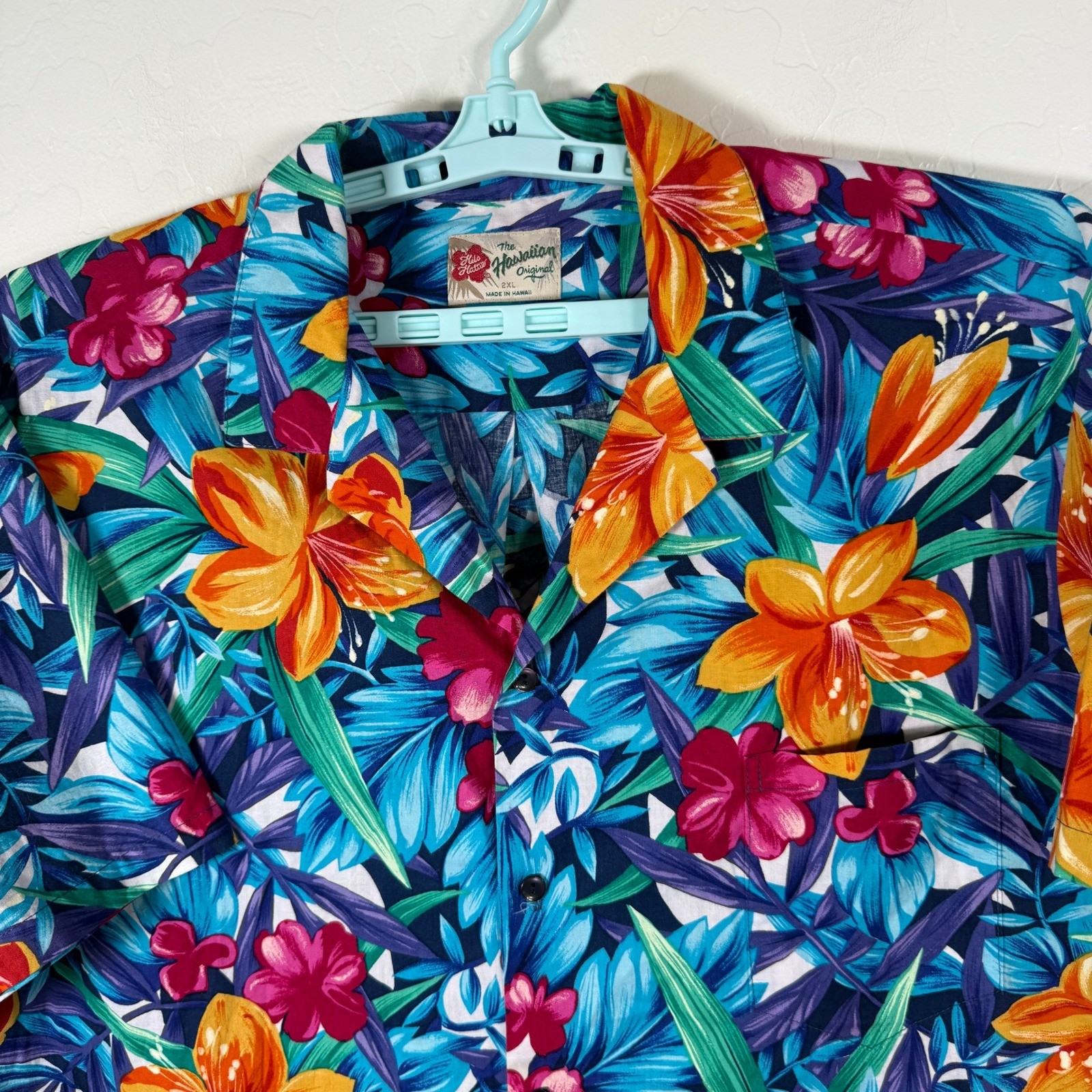 Hilo Hattie Hawaiian Shirt Mens 2XL Blue Floral Tropical Hibiscus Alona Party
