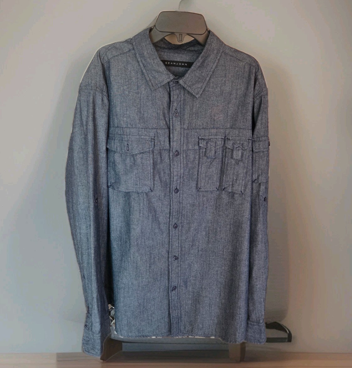 Sean John Men’s XL Denim Blue Wash Long Sleeve Button Shirt Pre-owned Excel cond