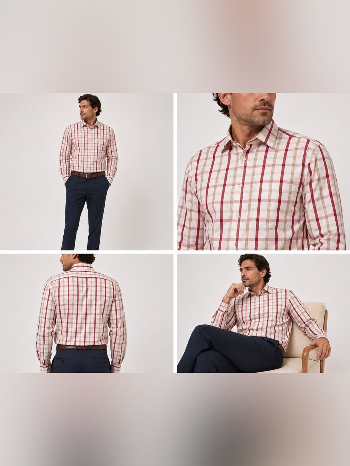 Carolina Herrera Men’s Plaid Dress Shirt Red Beige Luxury Button Down Portugal