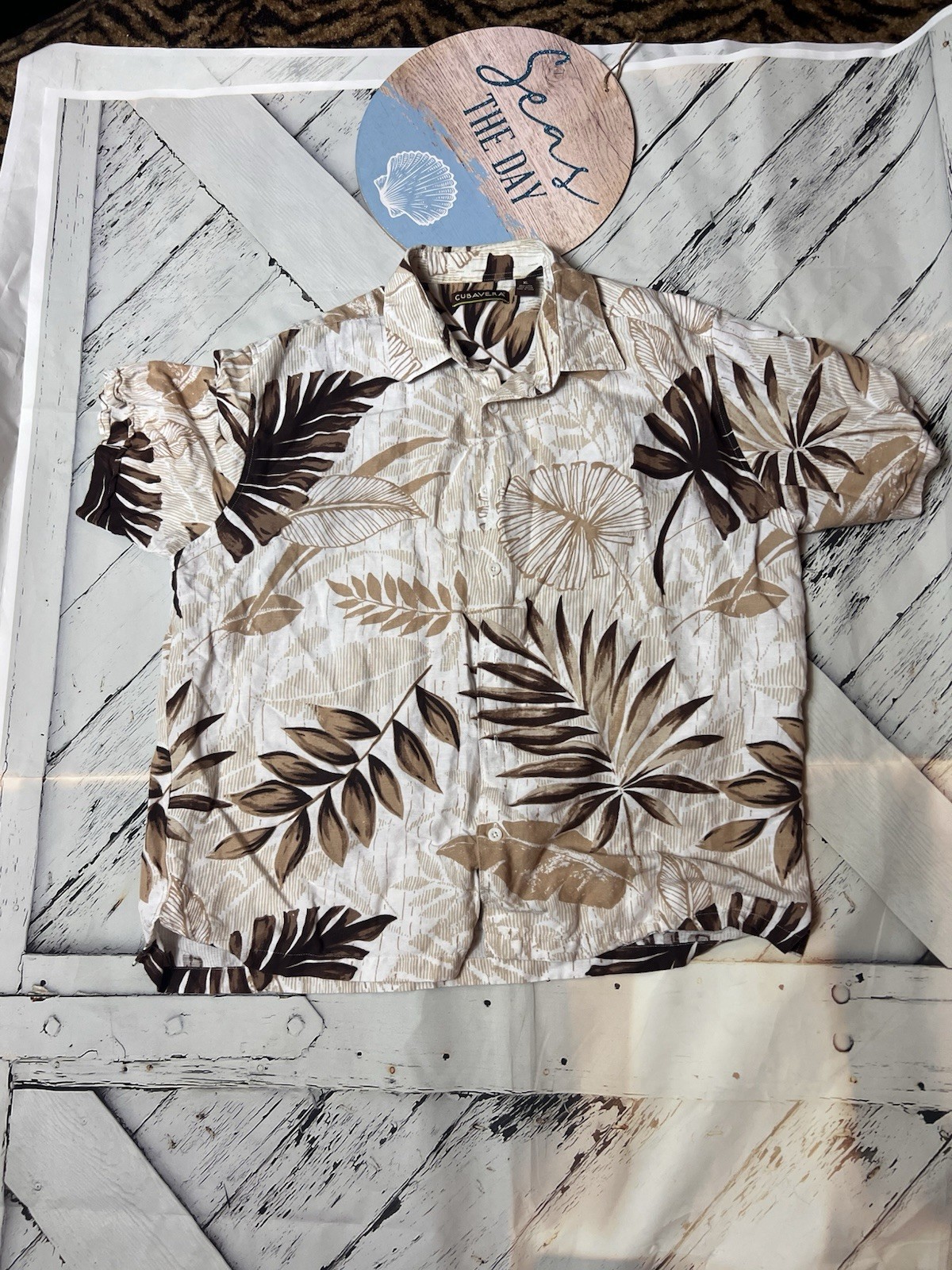 Cubavera Men’s XL Linen Rayon Woven Hawaiian Tropical Floral Button-Up Shirt