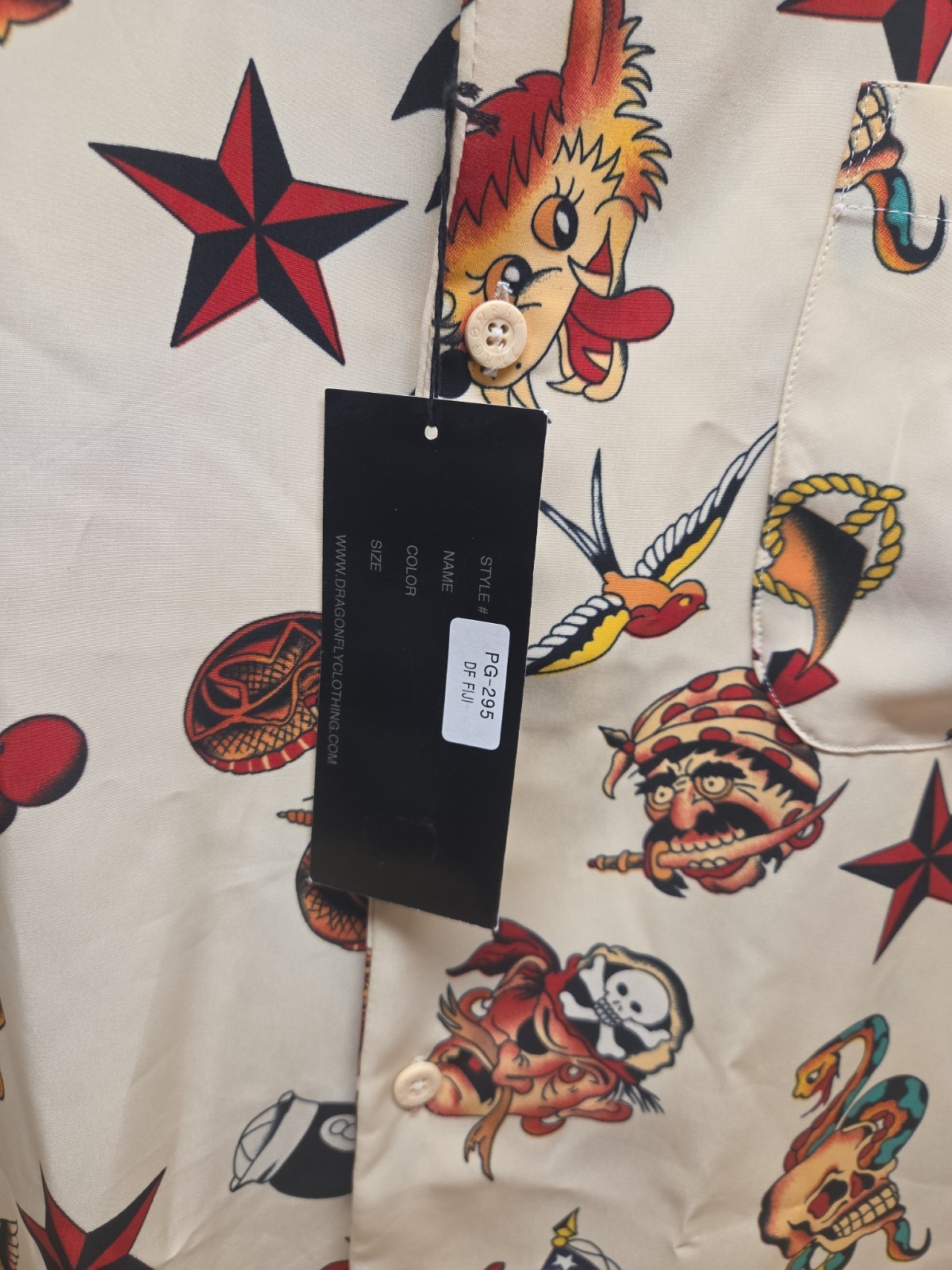 Vtg Dragonfly Clothing Co Tattoo Flash Shirt Medium All Over Print Y2K Rockabill