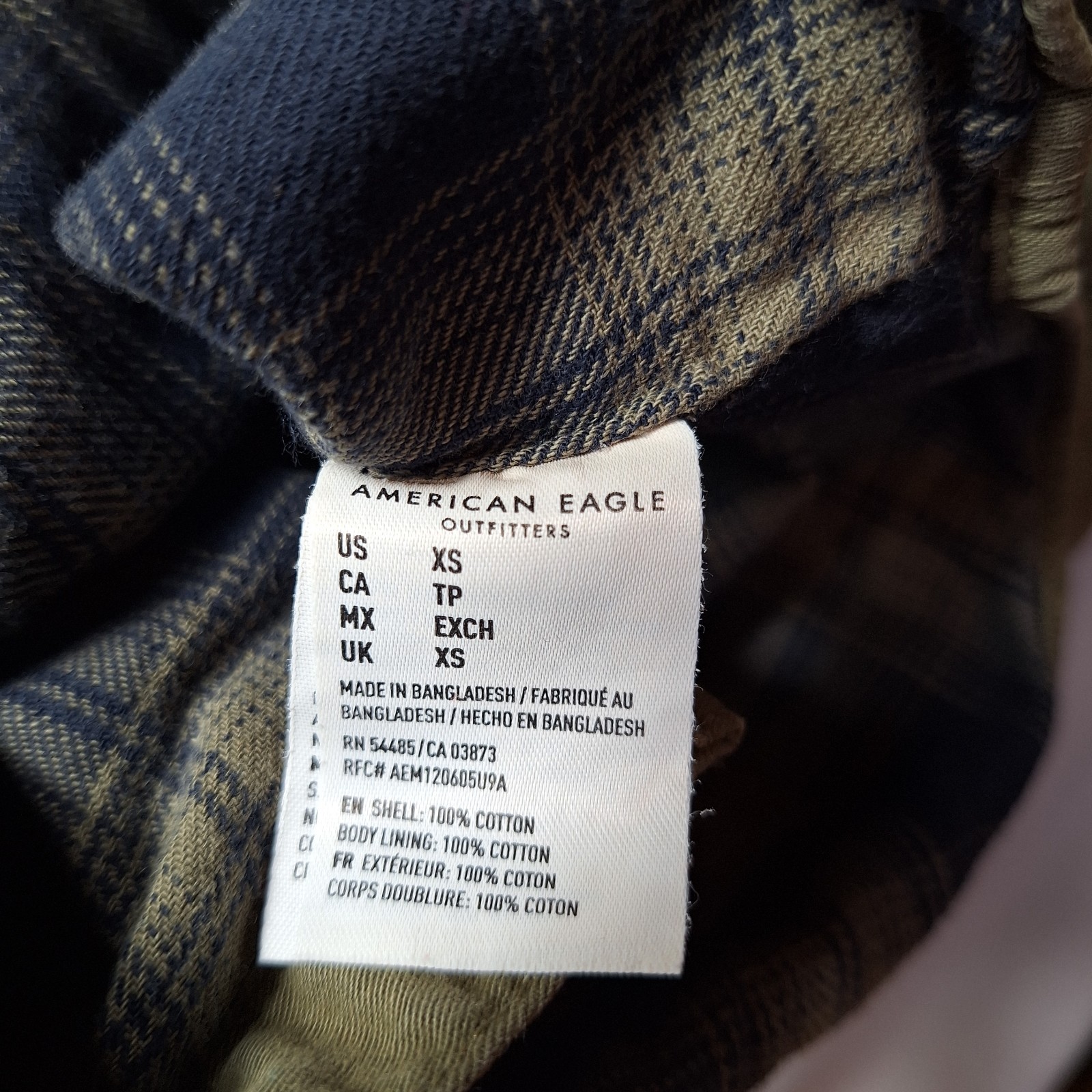 AMERICAN EAGLE Canvas Shirt Jacket Sz XS Green Plaid Lining Military Work Pocket