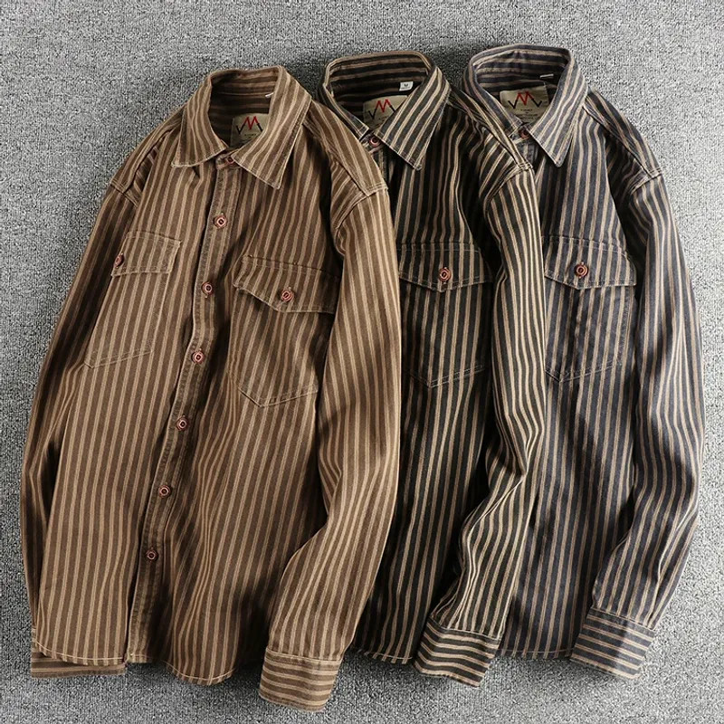 2026 Autumn And Winter New American Retro Stripe Long-Sleeve Lapel Shirt