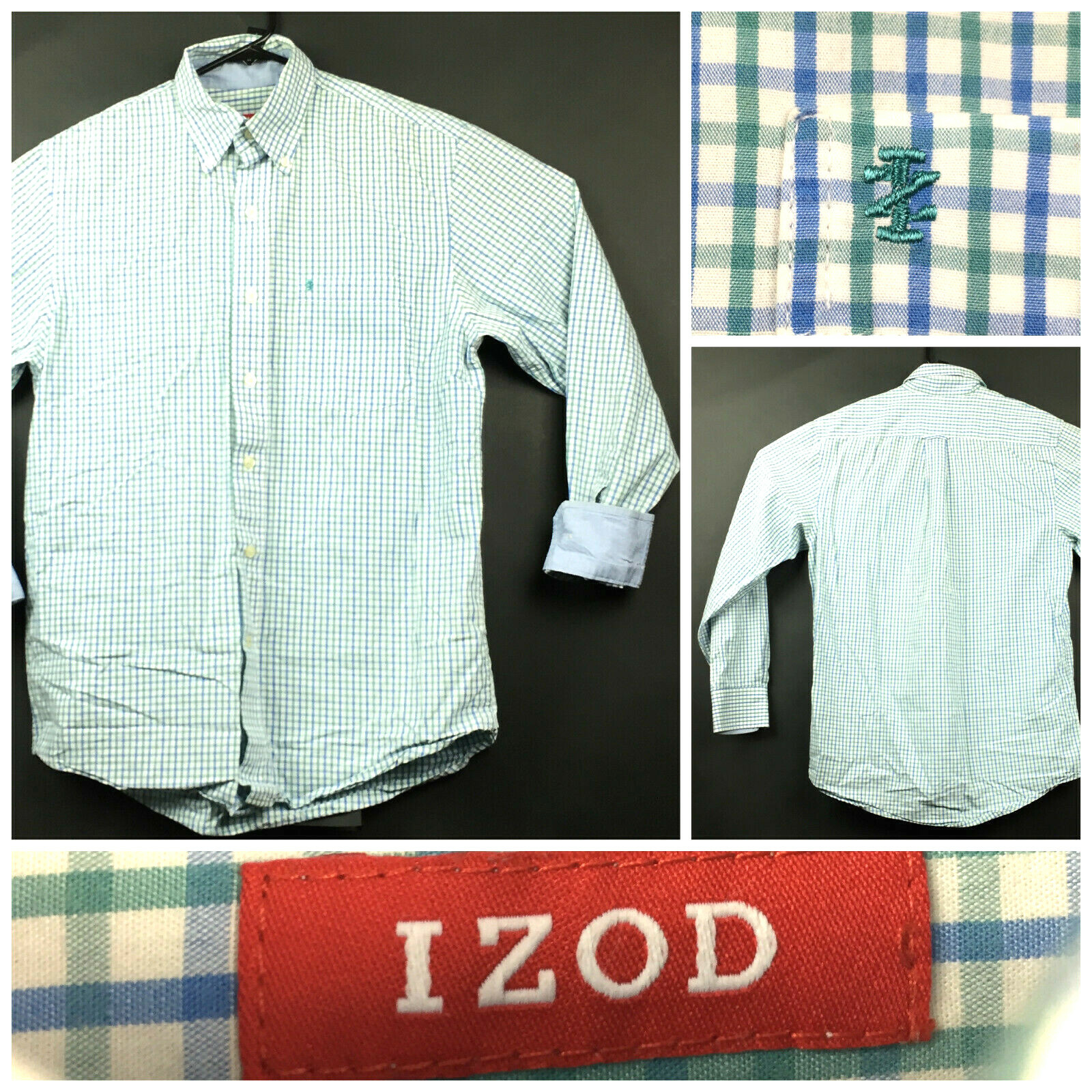 Izod Mens Small (40 in Chest) Blue Green Gingham Pocket Cotton Button Down
