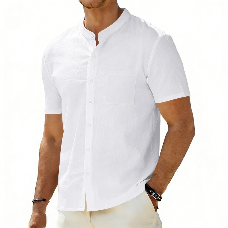 Summer linen solid color casual vacation beach stand collar short sleeve shirt