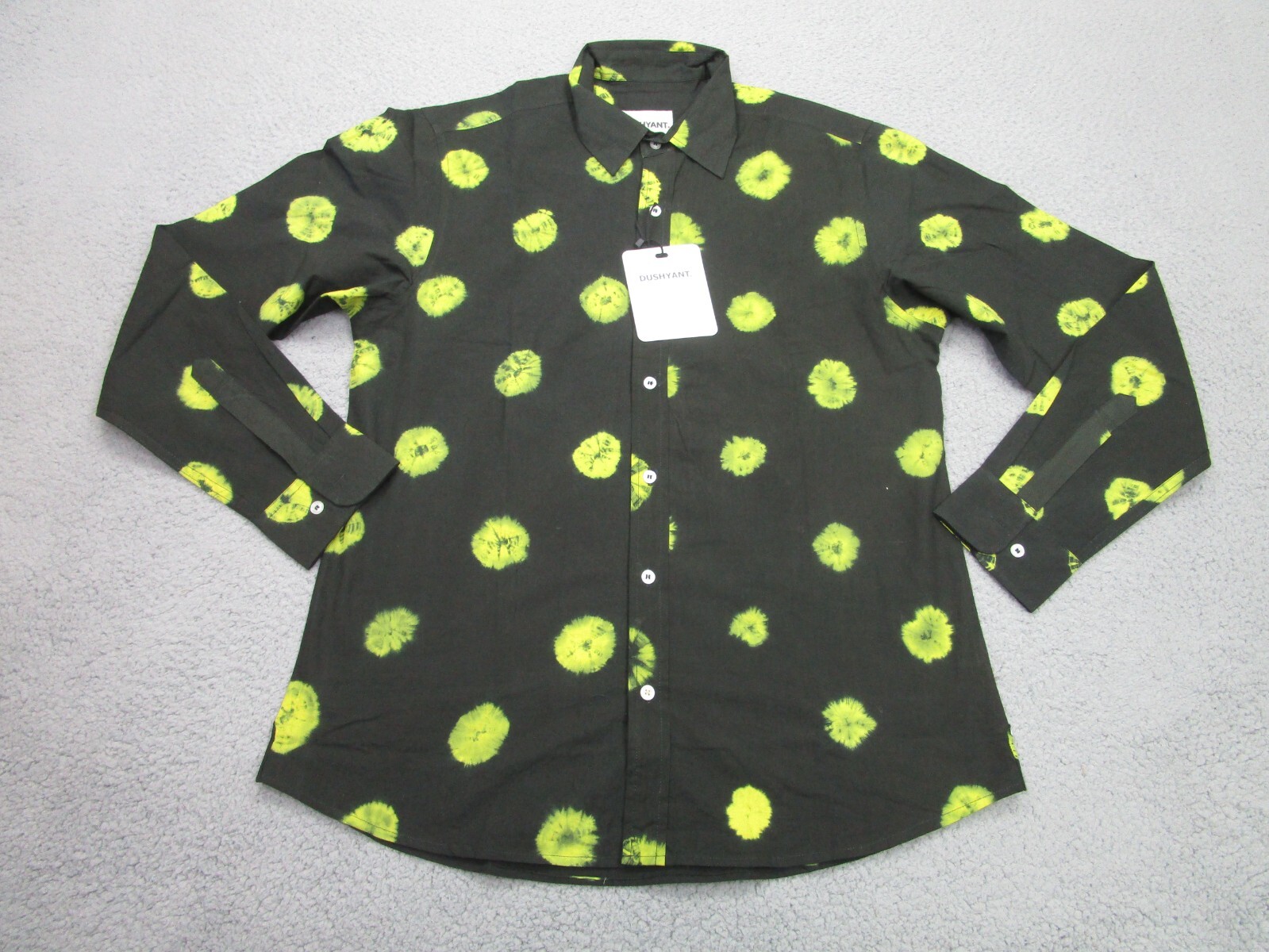 Dushyant Shirt Mens Large Black Yellow Polka Dot Tie Dye hand Made Artsy Indie
