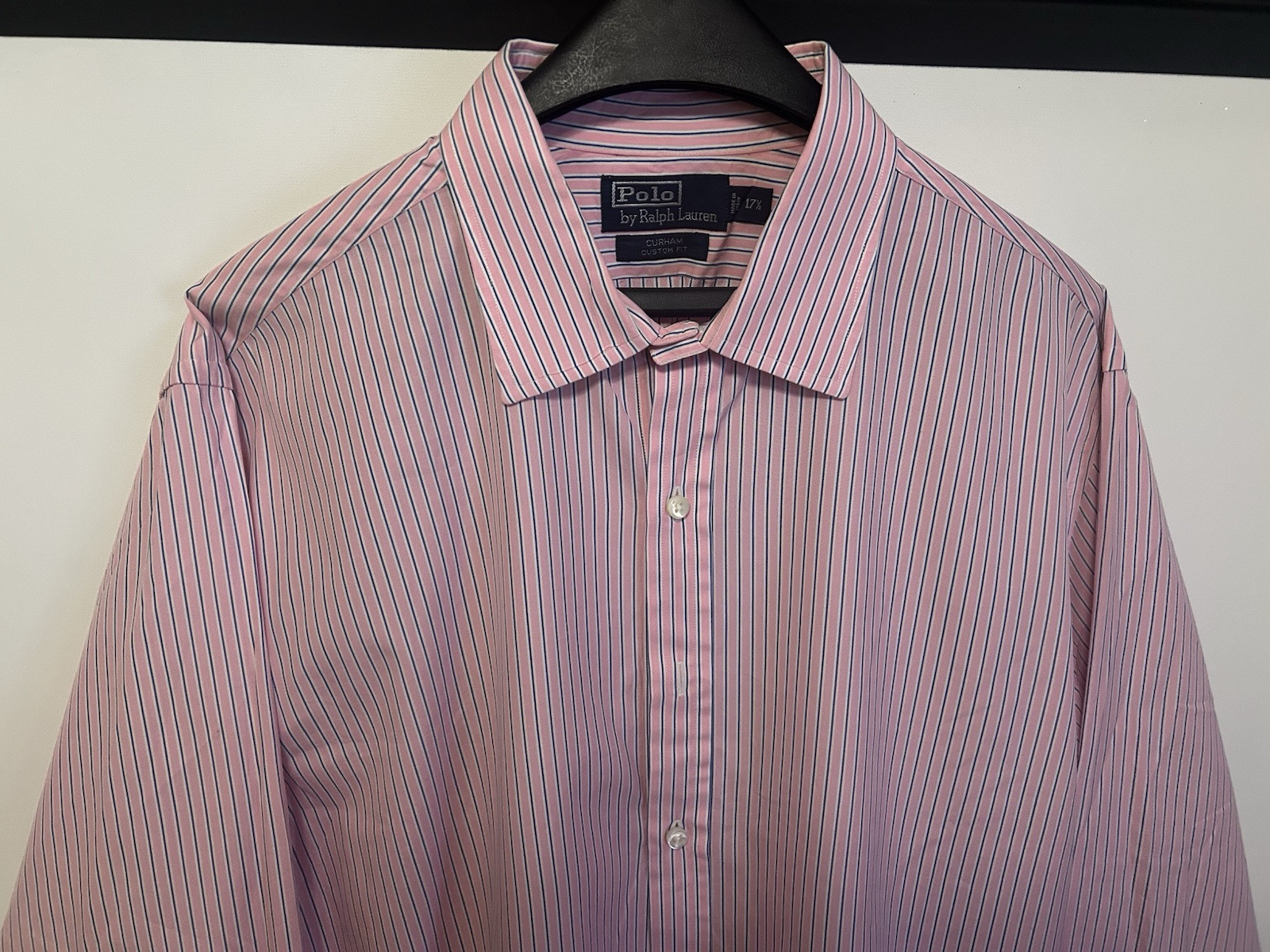 Ralph Lauren Mens Curham Custom Fit Long Sleeve Shirt Pink/White/Black Stripe XL