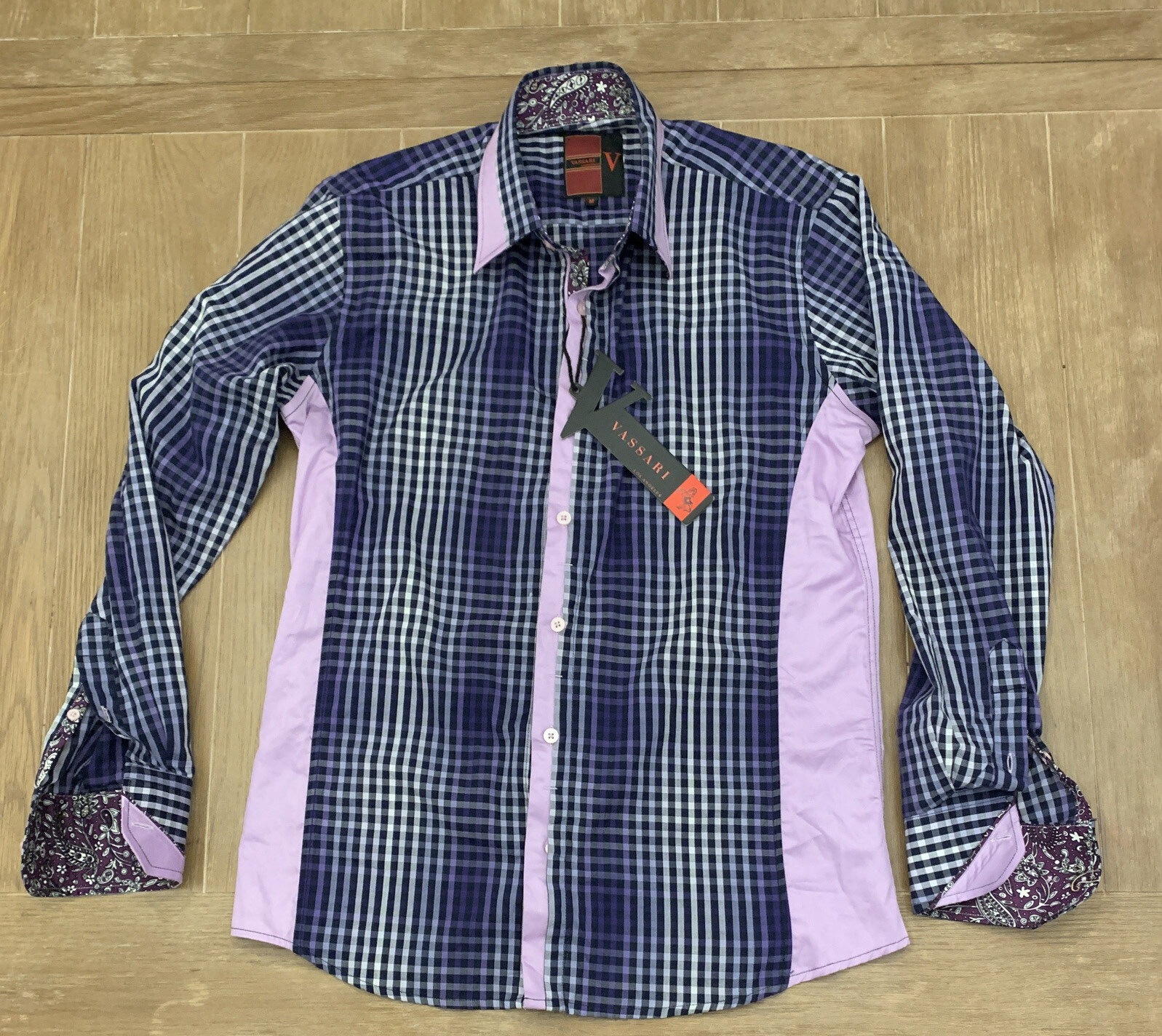 Purple Plaid Paisley Vassari Los Angeles Flip Cuff Long Sleeve Button Down Sz M