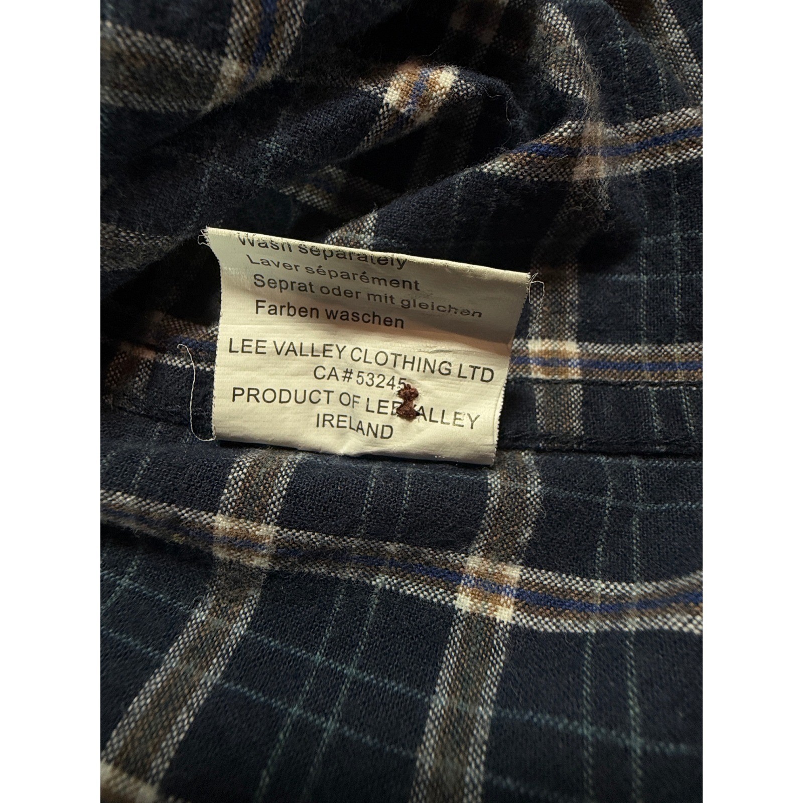 Lee Valley Ireland Grandfather Shirt XL Navy Blue Plaid Flannel Band Collar Mens