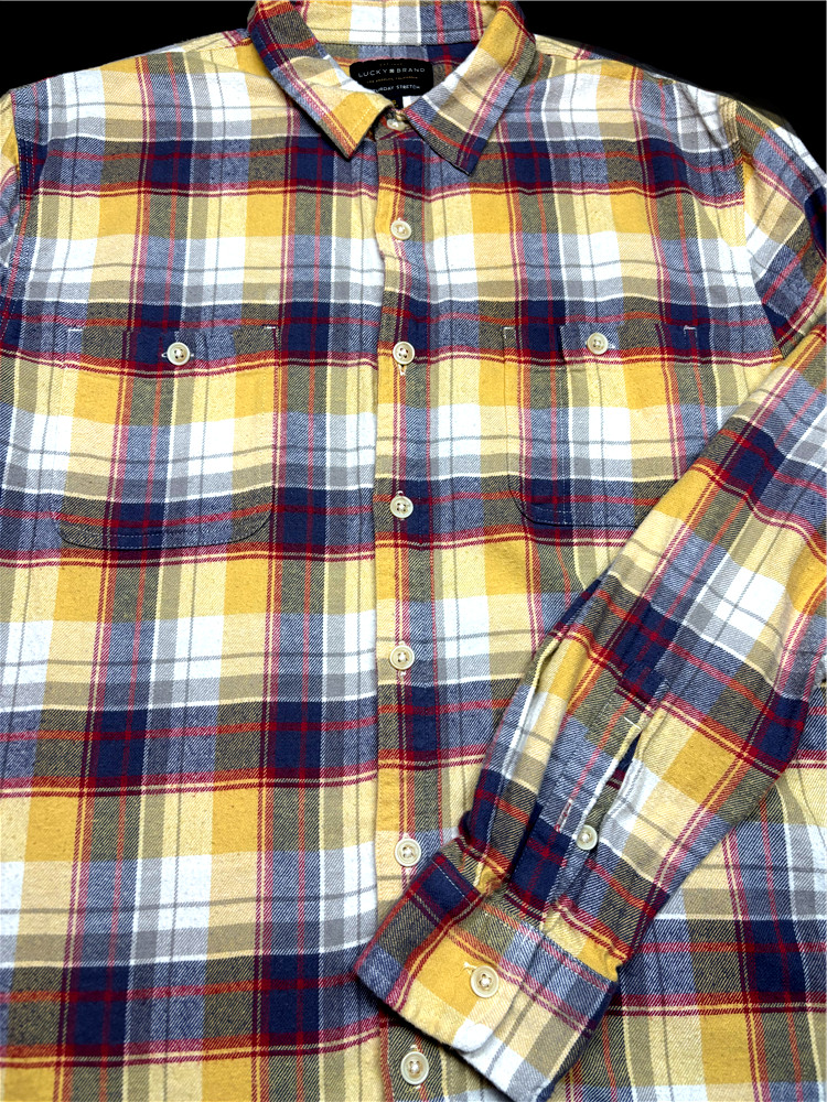 Lucky Brand Mens Button Front Long Sleeve Cotton Spandex Yellow Plaid Shirt L
