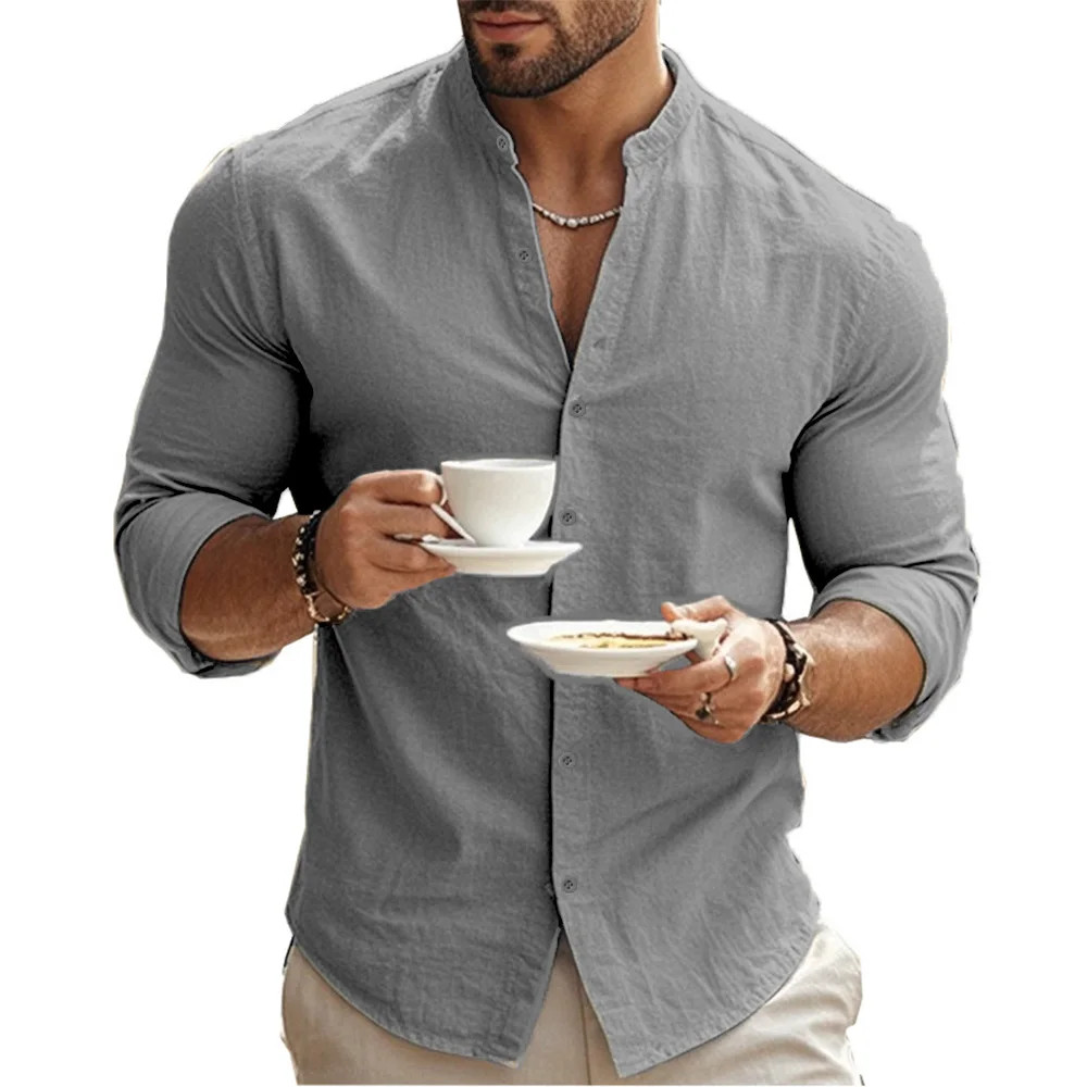 Men’s Henry Shirts Cotton Linen Slim Fit Causal Hawaiian Solid Color Basic Style
