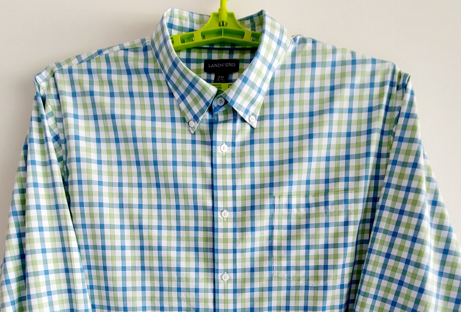 LANDS END Mens XXL 18-18 1/2 White Blue Green & Check Woven Shirt