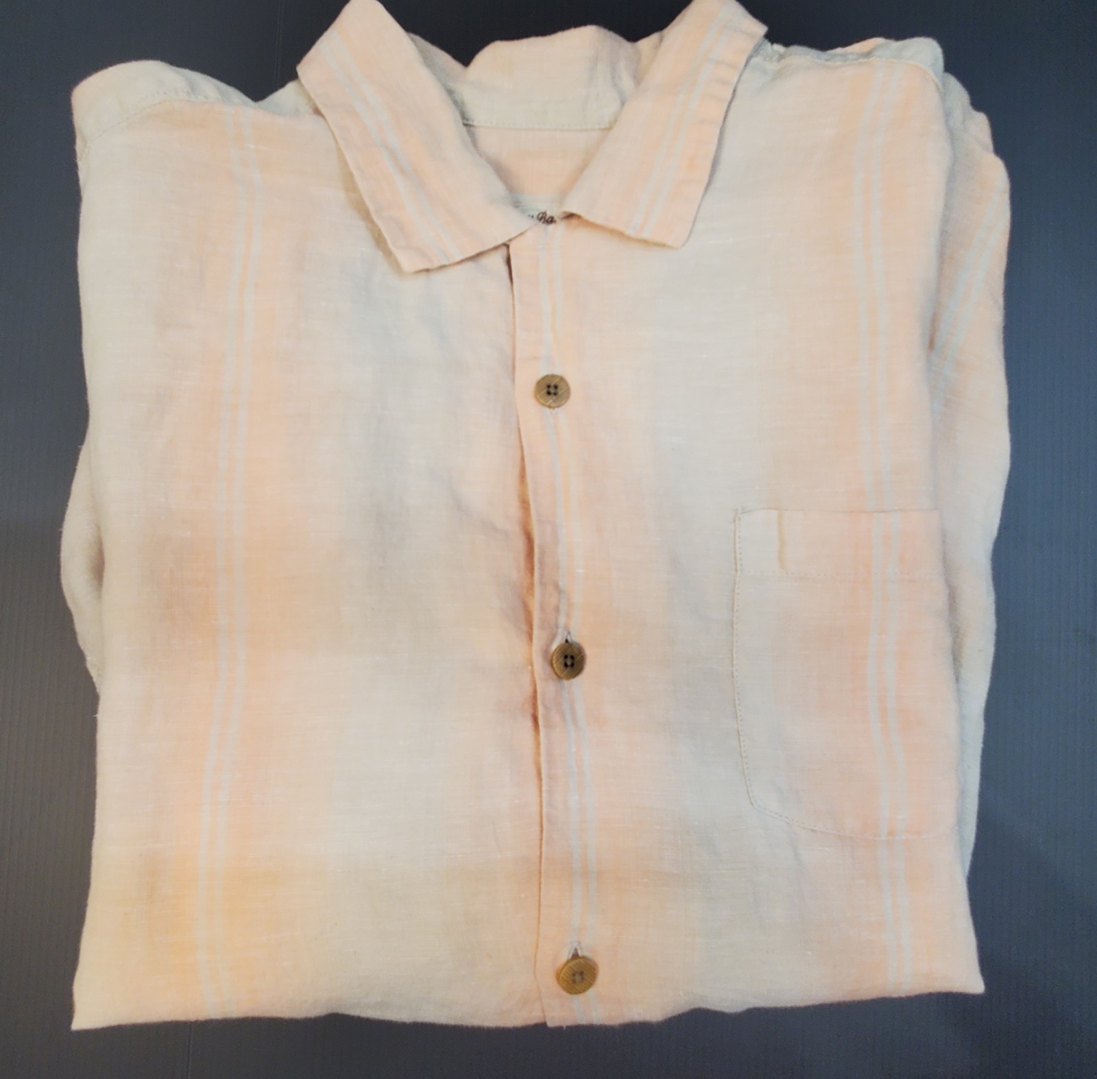 Tommy Bahama Mens Large Vertical Striped 100% Linen Short Sleeve Shirt Wedding