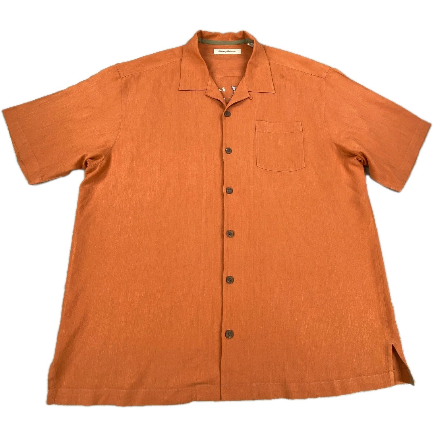Tommy Bahama Camp Shirt Men XL Orange Silk Side Slit Hawaiian Tropical Football