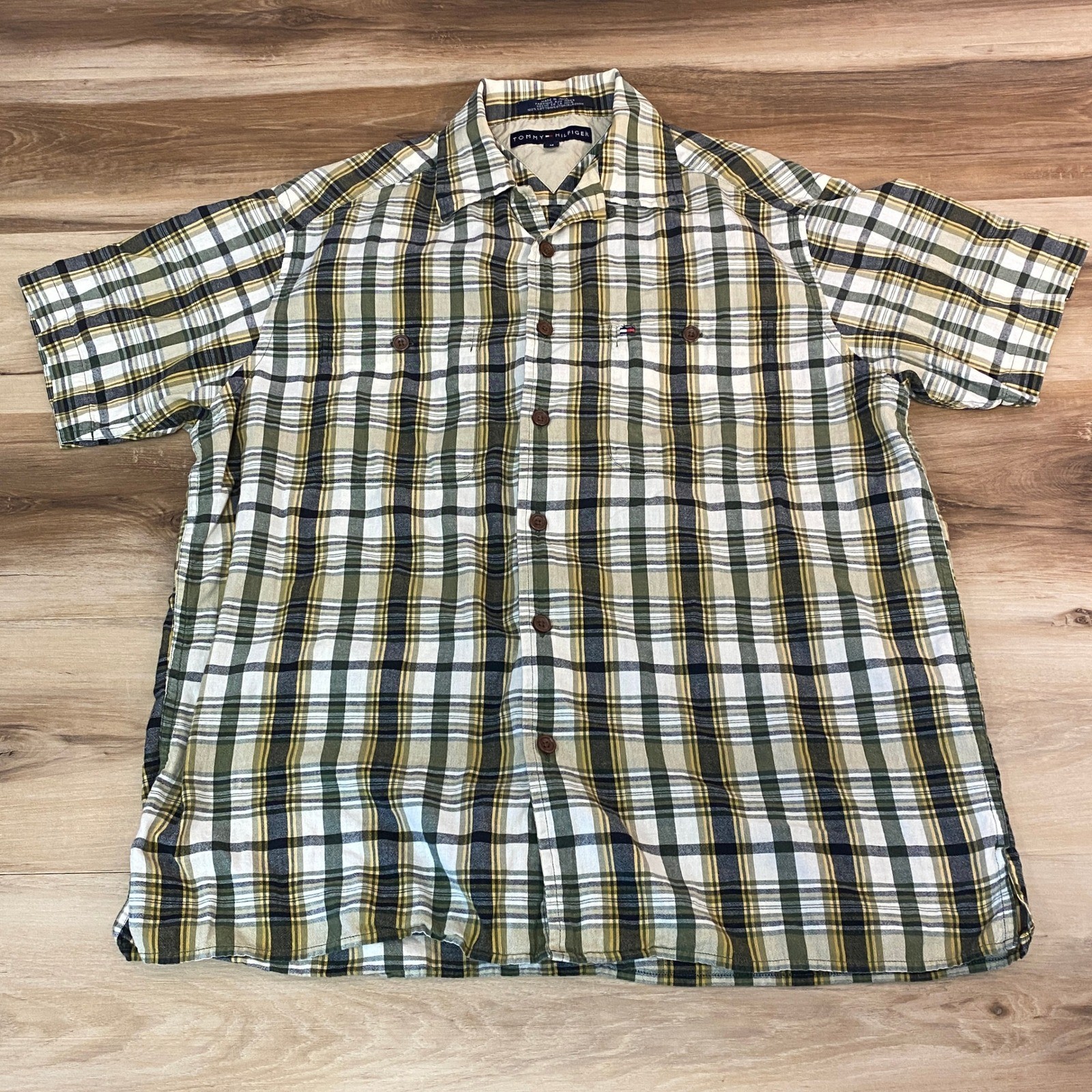 Vintage Tommy Hilfiger Shirt Mens Medium Short Sleeve Plaid Button Down Olive