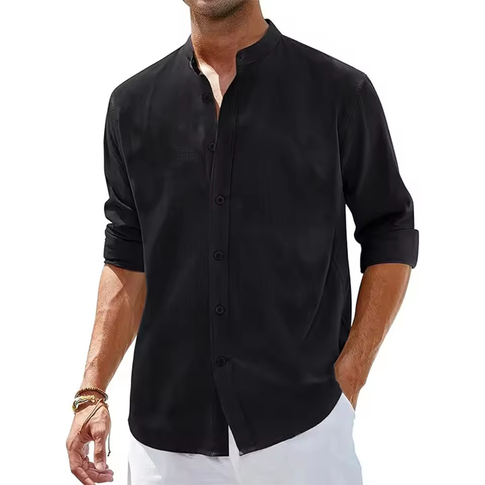Mens Linen Shirt Henley Band Collar Long Sleeve Beach Casual Loose Fit Summer