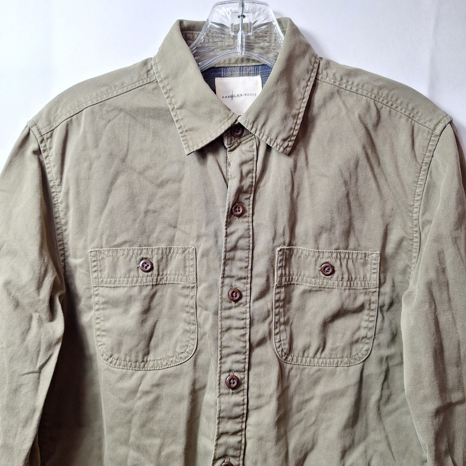 AMERICAN EAGLE Canvas Shirt Jacket Sz XS Green Plaid Lining Military Work Pocket
